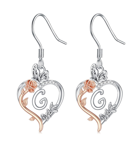TOUPOP Rose Heart Initial Earrings Sterling Silver Butterfly Earring Initial G Letter Drop Dangle Earrings Jewelry Anniversary Birthday Mothers Day Gifts for Women Mom Wife Girlfriend Her