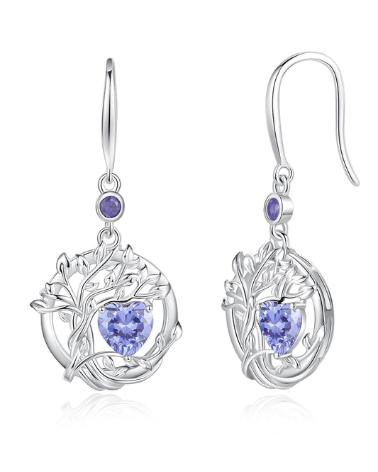 FANCIME Tree of Life Earrings 925 Sterling Silver Tanzanite Dangle Drop Gemstone Earring December Birthstone Fine Jewelry Birthday Mothers Day Gifts for Mom Her Women