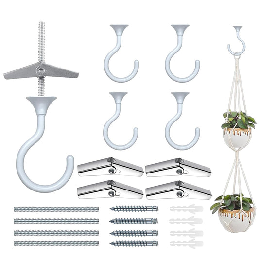 Evsteluo 4 Sets Heavy Duty Swag Ceiling Hooks with Hardware for Hanging Plants, Cavity Wall Fixing, Easy Installation, Holds Up to 30lbs, Ideal for Home & Garden (4 Sets, White)