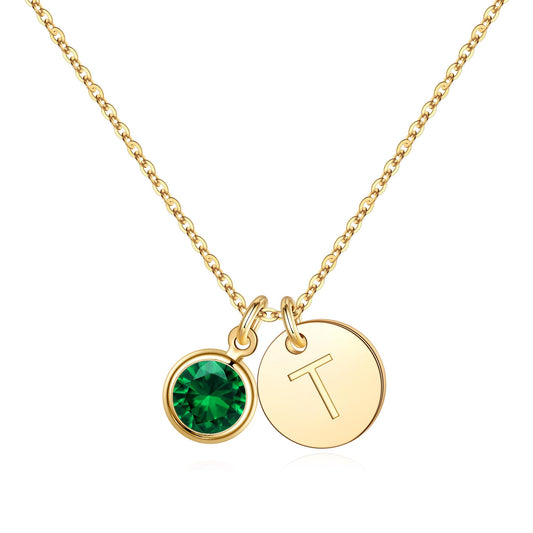 Hidepoo Initial Birthstone Necklaces for Women - Personalized Mothers Day Birthday Gift for Woman Wife Sister Grandma Mom Gifts, May Emerald Birthstone Jewelry, Disc Letter T Necklace