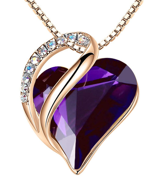 Leafael Gifts for Women Rose Gold Plated Necklaces: Heart Dark Amethyst Pink Crystal, February Birthstone, Hypoallergenic Chain (18"+2"), Birthday Jewelry for Mom and Wife
