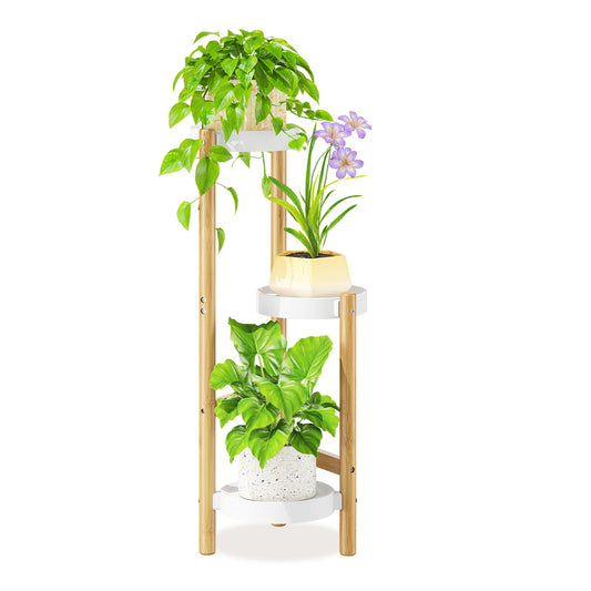 LASZOLA Bamboo White 3 Tier Heavy Duty Plant Stand Indoor, Tall Multiple Level Vertical Planter Rack for Modern Narrow Corner, Slim Spiral Flower Holder Organizer Display for House Decor, Plastic Tray