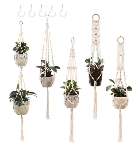 Lynkaye Macrame Plant Hangers Handmade Cotton Rope Flower Pot Holder Boho Theme Indoor Outdoor - Pack of 5 with Ceiling Hooks
