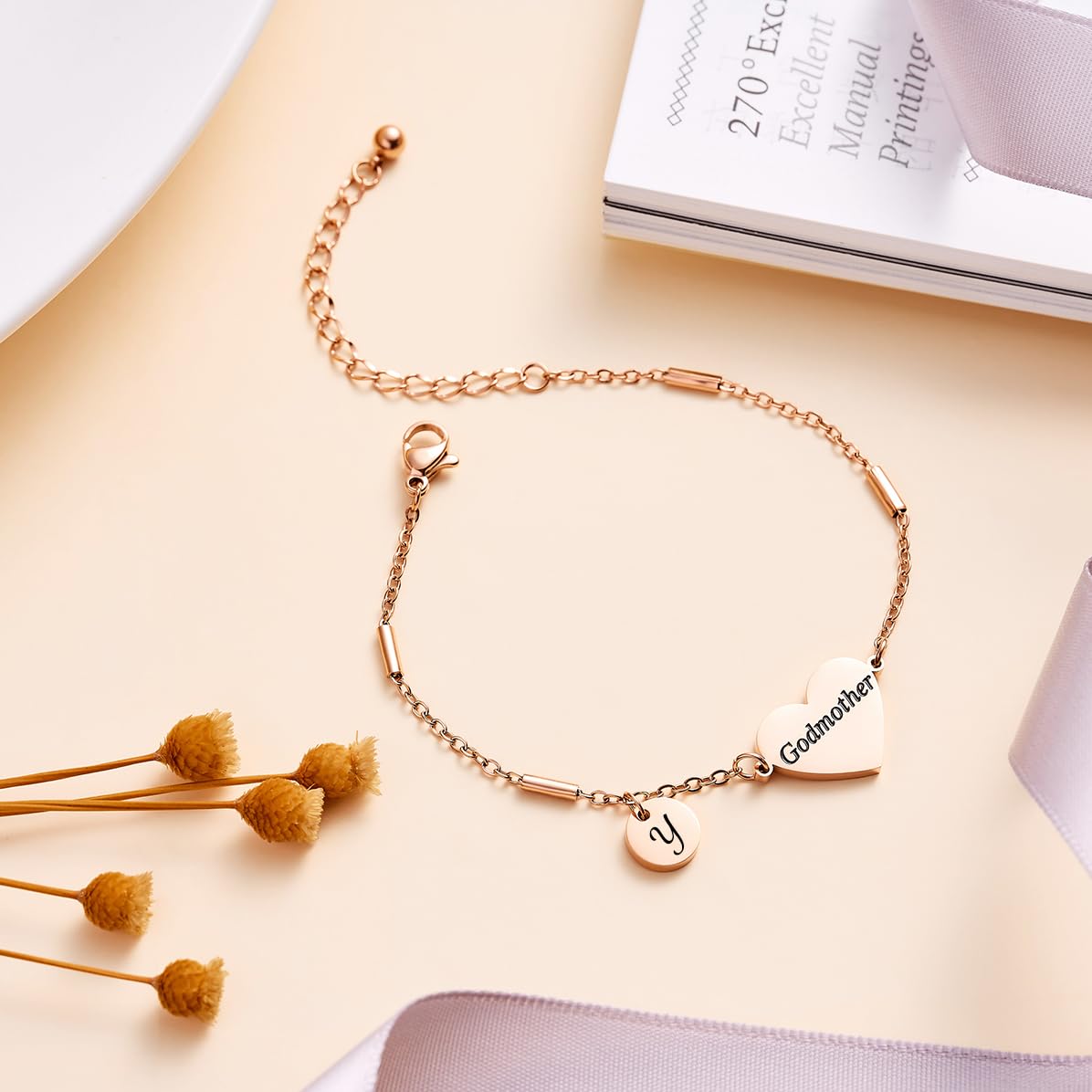 CHENVA Godmother Gifts Initial Bracelet Bangle for Women Gift for Godmother from Goddaughter (Godmother Bracelet-Y-Rose Gold)