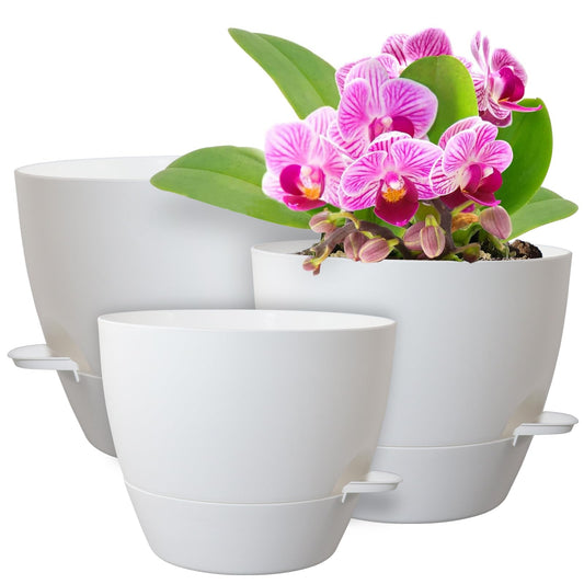 WSMKSZ 10/9/8 inch Medium Self Watering Pots, Plant Pots with Mesh Drainage Holes for Indoor Outdoor Garden Plants, Flower Pots with Removable Reservoir, Set of 3 Plastic Planters, White