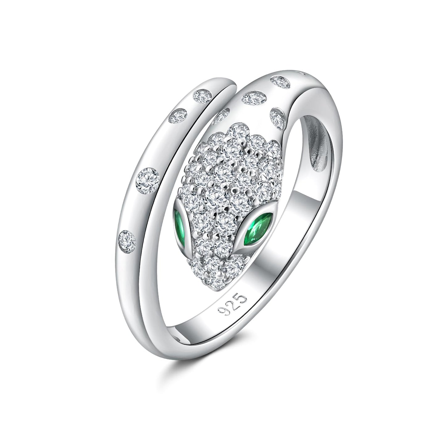 RANDES 925 Sterling Silver Snake Ring for Women White Gold Plated Fashion Punk Rings Adjustable Open Emerald CZ Animal Snake Finger Ring Size 8