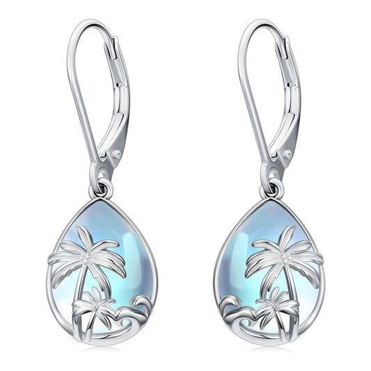 KoyeKei Palm Tree Earrings for Women 925 Sterling Silver Palm Tree Moonstone Dangle Drop Leverback Earrings Hawaiian Beach Jewelry Graduation Birthday Gifts for Lover Her Girlfriend