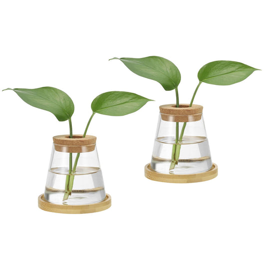 PATIKIL Plant Propagation Station Glass Vases, 2 Pcs Desktop Trapezoid Planter Terrarium Vase with Wooden Tray & Lid for Hydroponic Office Home Decor Plants Indoor, Brown