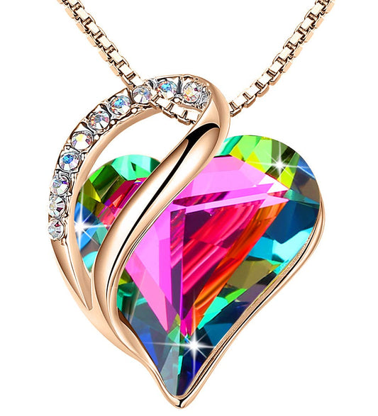 Leafael Gifts for Women Rose Gold Plated Necklaces: Heart Shaped Rainbow Black Healing Crystal, Cubic Zirconia, Hypoallergenic Chain (18"+2"), Jewelry for Anniversaries and Birthdays