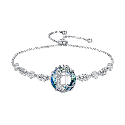 TOUPOP Tree of Life Initial Bracelet Sterling Silver Initials I Letter Link Bracelets Blue Circle Crystal Family Tree Birthday Mothers Day Jewelry Gifts for Women Mom Wife