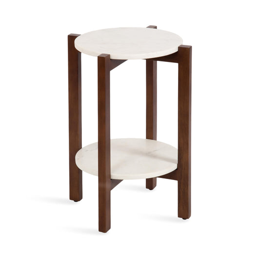 Kate and Laurel Moxley Transitional Round Side Table; 16 x 16 x 22; White Marble and Walnut Brown; Tiered Pedestal Table with Authentic Marble Tabletops for Bedroom Nightstand or Indoor Plant Stand