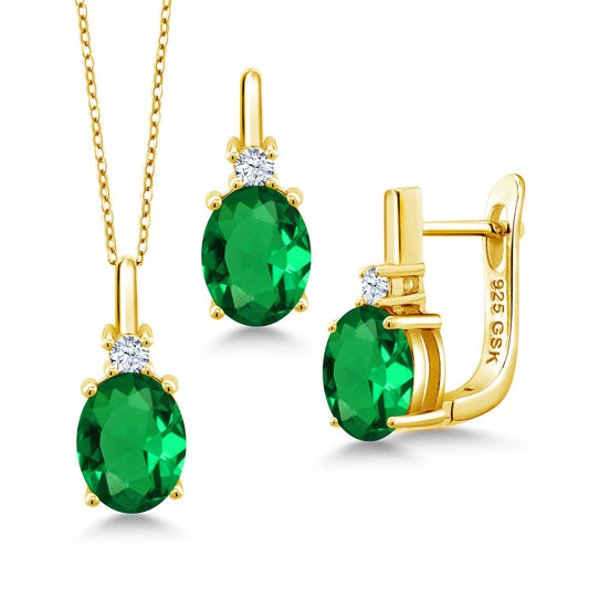 Gem Stone King Gemstone Birthstone and White Created Sapphire Pendant and Earrings Jewelry Set for Women in 18K Yellow Gold Plated Silver | Oval 8X6MM and Round 2.5MM | With 18 Inch Chain