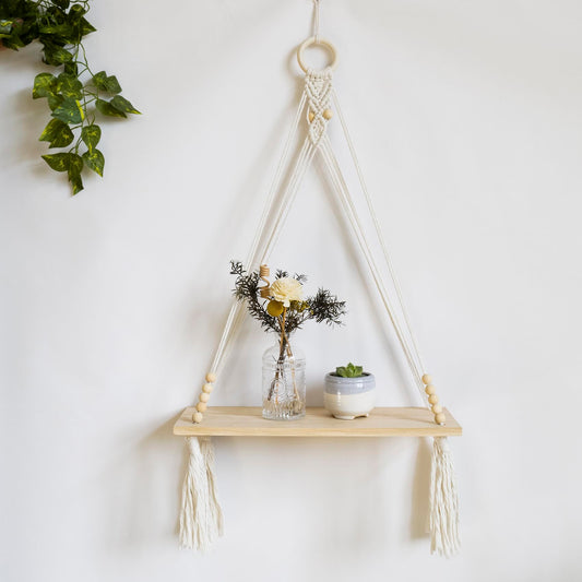 HVEST Macrame Wall Hanging Shelf Boho Wall Decor Floating Storage Book Shelf Beige Handmade Woven Tapestry for Bedroom Living Room Dorm Nursery Bathroom Wall Art Macrame Plant Hanger