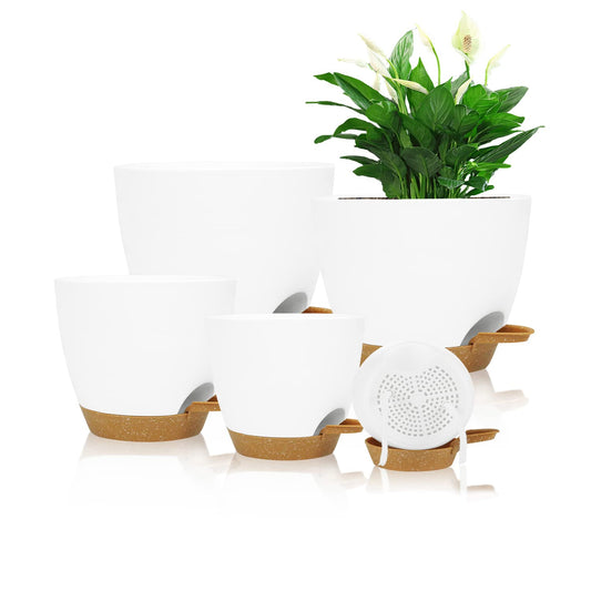 Self Watering Planters with Drainage Holes Reservoir,Nursery Planting Pot for Indoor Decor Garden Plants Succulents,Snake Plant, African Violet,Plastic Flower Pots Set 7+6.5+6+5.5+5 Inch (White)