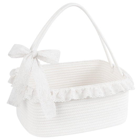 OIAHOMY Gift Basket with Long Handles, Large Woven Baskets for Gifts with Gift Bag, Ribbons and Lace, Cotton Rope Storage Basket for Birthdays, Baby Showers, Picnic, Wedding DIY Presents - White