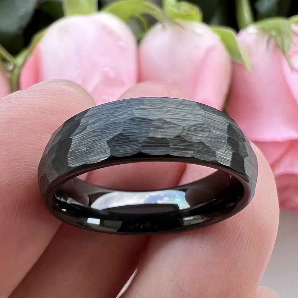 TUTISS 6mm Black Hammered Tungsten Carbide Rings for Men Women Engagement Wedding Bands Domed I Love You Engraved Comfort Fit Size 8