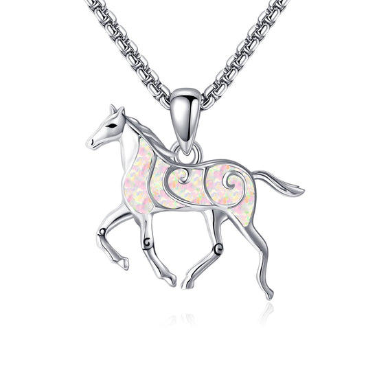 HKPATOP Horse Necklace for Women 925 Sterling Silver Horse Pendant with Opal Animal Jewelry for Animal Lover