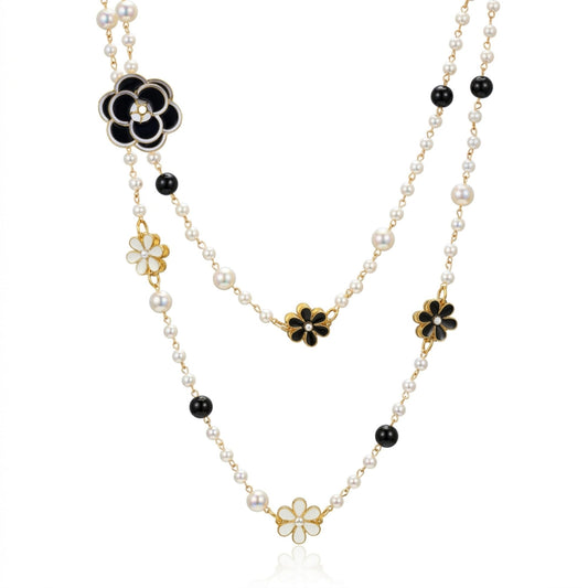 IDOKAWA 8MM Round Simulated Shell Pearl Strand Layered Necklace for Women, Dainty Multiple Strands Long Necklace for Party, Vintage Costume Jewelry-Black