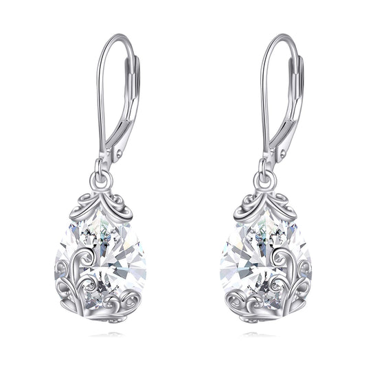 POPLYKE BirthStone Filigree Teardrop Drop Earrings Sterling Silver Diamond Leverback Earrings April Birthstone Dangle Jewelry Gifts for Women