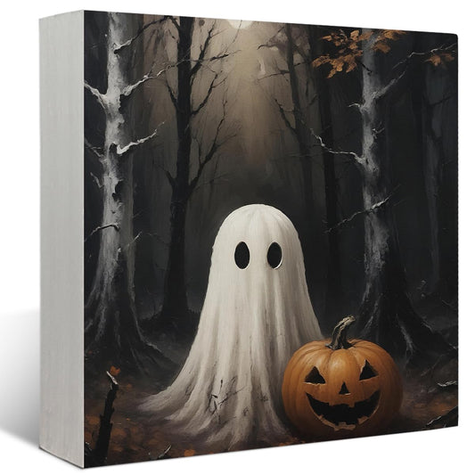 Mtrgdn Halloween Decor,Halloween Decorations Indoor,Spooky Ghost Pumpkin Desk Decor Wooden Box Sign,Halloween Home Office Kitchen Bathroom Bedroom Coffee Table Shelf Wall Decorations,5x5 In