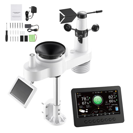 VEVOR 7-in-1 Wi-Fi Weather Station, 7-Inch TFT Display, Wireless Solar Powered Outdoor Sensor, Rain Gauge, Indoor Outdoor for Weather Forecast, Wind Speed Direction, Temperature, Humidity, Rainfall