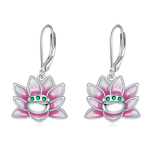 TIGER RIDER Pink Lotus 925 Sterling Silver Leverback Earrings Flora Jewelry Gift for Women Birthday Christmas