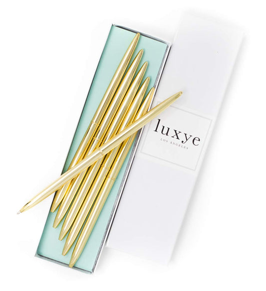 Luxury Ballpoint Gold Pen Set of 6 in Glossy White Gift Box | Gold/Black Ink Office Pens for Women & Men - Slim, Nice Writing Pens