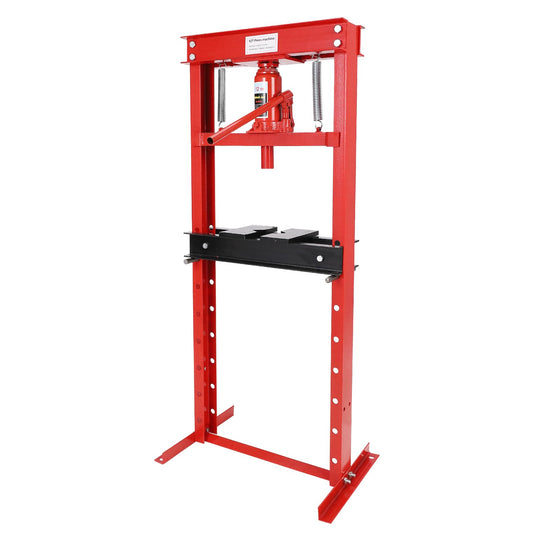 12 T Hydraulic Shop Press, H-Frame, 8-Hold Adjustable Height, with Movable Plates and Dust Cover, for Garage or Professional Users, Red