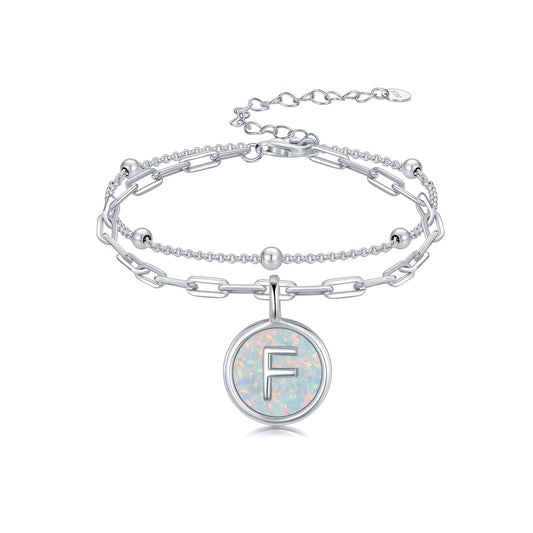LWQQWL Initial F Bracelet for Women 925 Sterling Silver Layered Initial Bracelet Opal Letter 26 Alphabet Jewelry Christmas Gifts