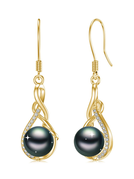 KANNSOAR 925 Sterling Silver 7MM Tahitian Black Pearl Dangle Drop Earrings, 18K Gold Plated, Everyday Infinity Earrings for Women Hypoallergenic Jewelry Gift for Anniversary Birthday Christmas