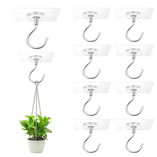 Ginmino Adhesive Ceiling Hooks，10 Pack No Drill Ceiling Hanging Hook for Hanging Plants Lanterns,Wind Chimes Stainless Steel Outdoor Adhesive Hooks