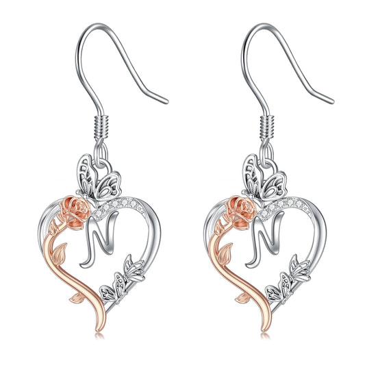 TOUPOP Rose Heart Initial Earrings Sterling Silver Butterfly Earring Initial N Letter Drop Dangle Earrings Jewelry Anniversary Birthday Mothers Day Gifts for Women Mom Wife Girlfriend Her