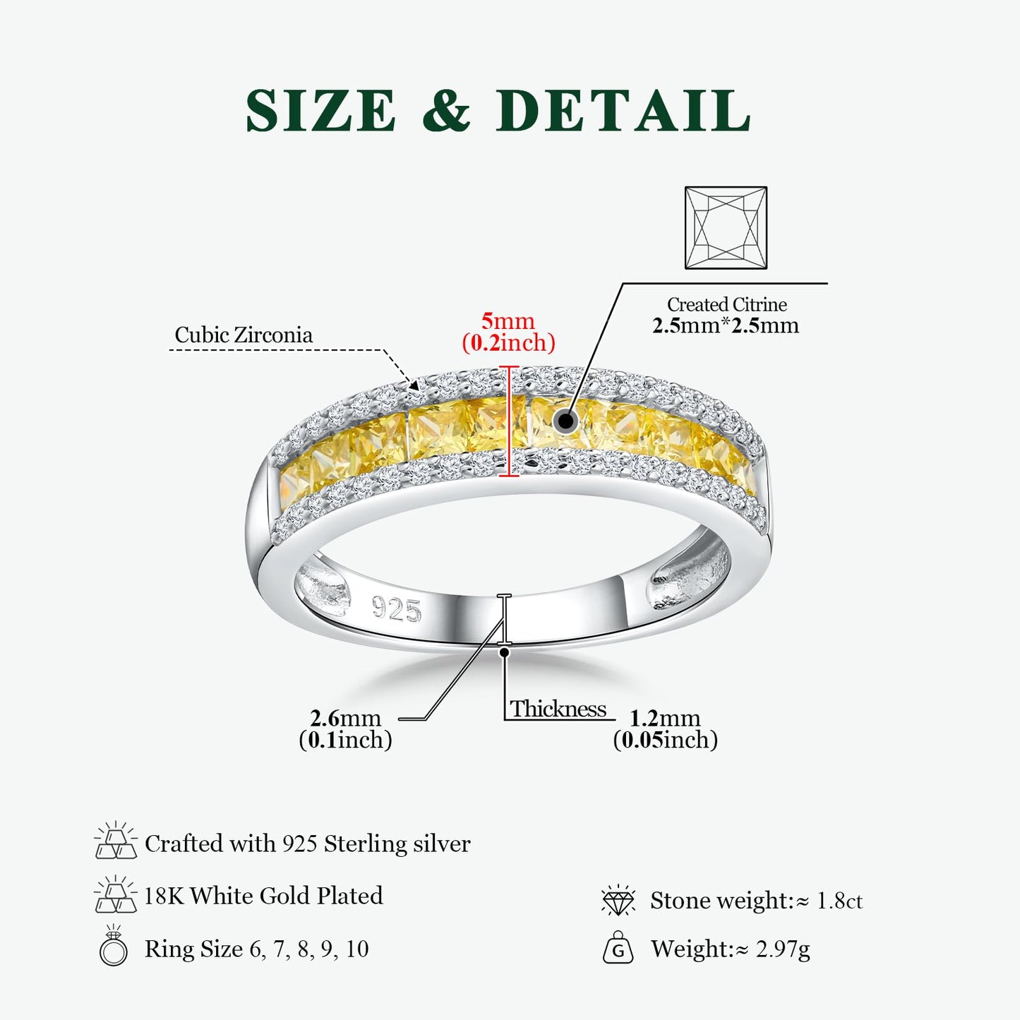 RANDES Citrine Ring 925 Sterling Silver Channel Set Princess Cut Anniversary Band Yellow Rings for Women November Birthstone Ring Size 7