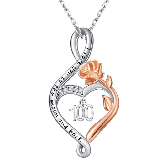 KoyeKei 100th Birthday Gifts for Women 100 Year Old Necklace 925 Sterling Silver Rose Flower Heart Infinity Pendant Jewelry Birthday Mothers Day Gift for Nana Granddaughter