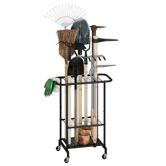 3-Tier Garden Tool Organizer with Wheels, Garage Floor Rolling Storage Cart on Wheels Heavy Duty Metal Rolling Storage Cart, Yard Tool Tower Rack for Garage, Patio, Shed, Indoor Outdoor