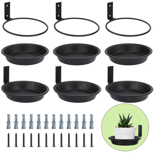 FAHAWEL 6 Inch Wall Mount Plant Holder with Saucer Trays, 6 Pack Heavy Duty Metal Flower Pot Holder Ring Plant Hanger for Wall Indoor, Ring Planter Bracket for Outside Outdoor Bird Feeder Bath