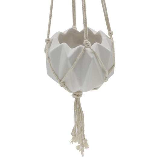 Flora Bunda Hanging Planter for Succulent 5" Ceramic Macrame Matte White