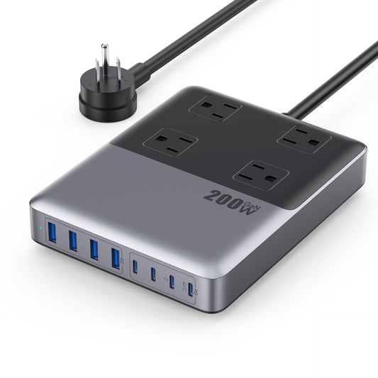 12-in-1 Charging Station USB C Power Strip with 5ft Cord and Plug,200W GaN IV USB C Charger Block,4 AC Outlets,8 USB for MacBook,iPhone 17/16/15,Fast Charging Desktop Charger for Office,Home