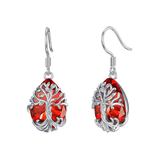 TOUPOP Ruby July Birthstone Earrings Sterling Silver Teardrop Tree of Life Earrings Family Tree Ruby Jewelry Birthday Mothers Day Gifts for Women Mom Her