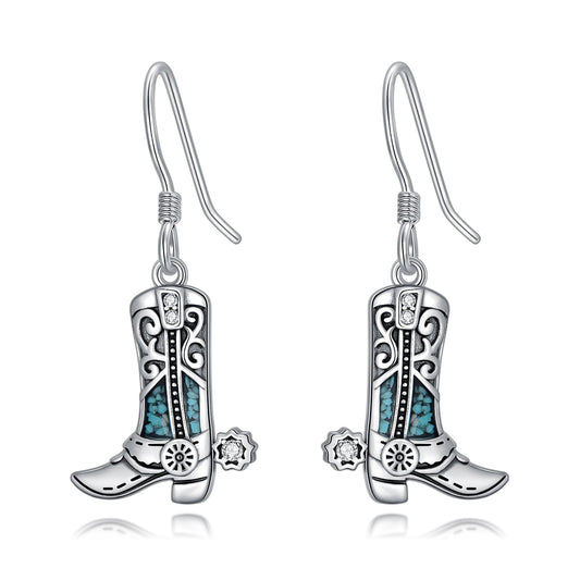 KoyeKei Western Cowboy Boot Earrings for Women 925 Sterling Silver Cowgirl Texas Boot Dangle Drop Earrings Turquoise Cowboy Carter Country Jewelry Boho Valentines Gifts for Daughter Wife Girlfriend