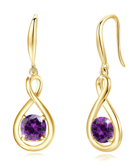 FANCIME Amethyst Dangle Drop Earrings 925 Sterling Silver Yellow Gold Plated Dainty Infinity Purple Gemstone February Birthstone Earring Fine Jewelry Birthday Mothers Day Gifts for Women Her