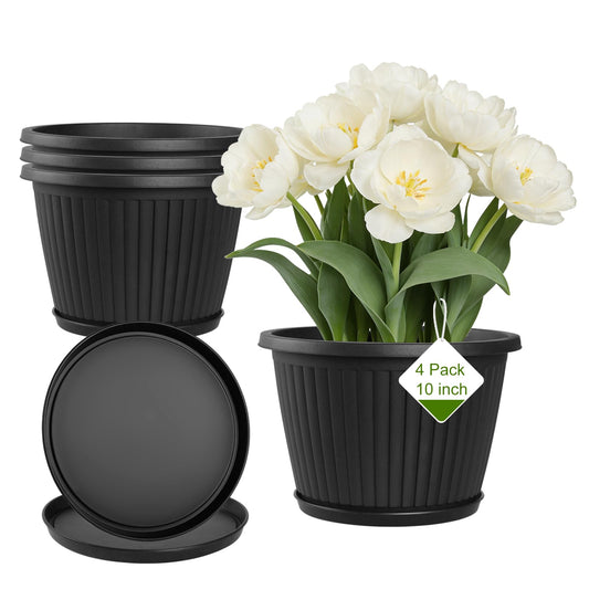 Fodetyff 10-inch-Plastic-Plant-Pots-with-Saucer, Flower Pots Containers for Indoor Outdoor Plants, Large Resin Planter with Drainage Holes and Saucers for Snake Plant Monstera