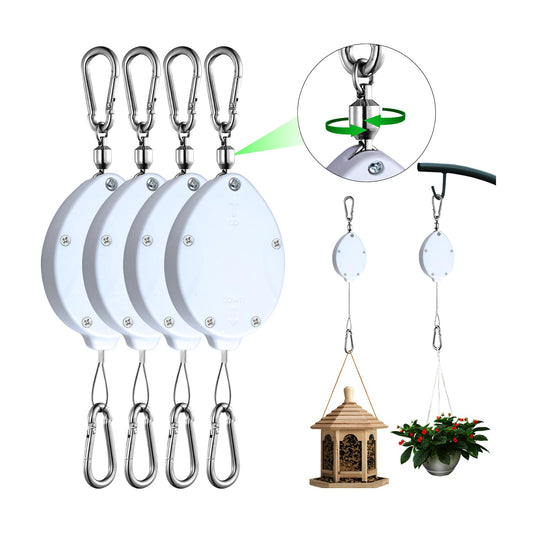 Heavy Duty Retractable Plant Hangers, Adjustable Pull-Down Pulleys with 63" Stainless Steel Rope, Double Hooks for Hanging Plants, Bird Feeders, Planters & Pots, Indoor & Outdoor Use (4Pcs- White)