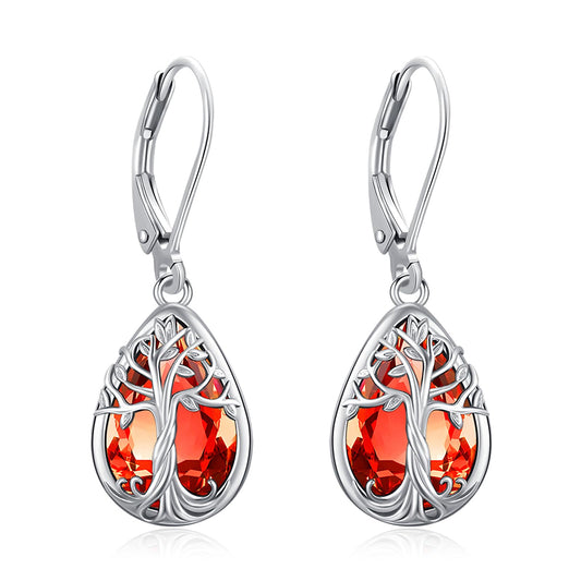 Eusense Sterling Silver Tree of Life Earrings with Ruby Red July Birthstone Jewelry Teardrop Dangle Leverback Earrings Tree of Life Jewelry Gift for Women