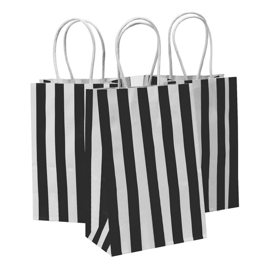 Ronvir 50Pcs Small Gift Bags, 5.25x3.25x8 Inches Black & White Striped Recycled Kraft Paper Bag with Handles Bulk for Christmas, Party Favors, Shopping, Goodie, Birthday, Retail, Halloween,Business,Gift Wrapping