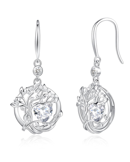 FANCIME Tree of Life Earrings 925 Sterling Silver Dainty CZ Cubic Zirconia Dangle Drop Simulated Diamond Earring April Birthstone Fine Jewelry Birthday Mothers Day Gifts for Mom Her Women