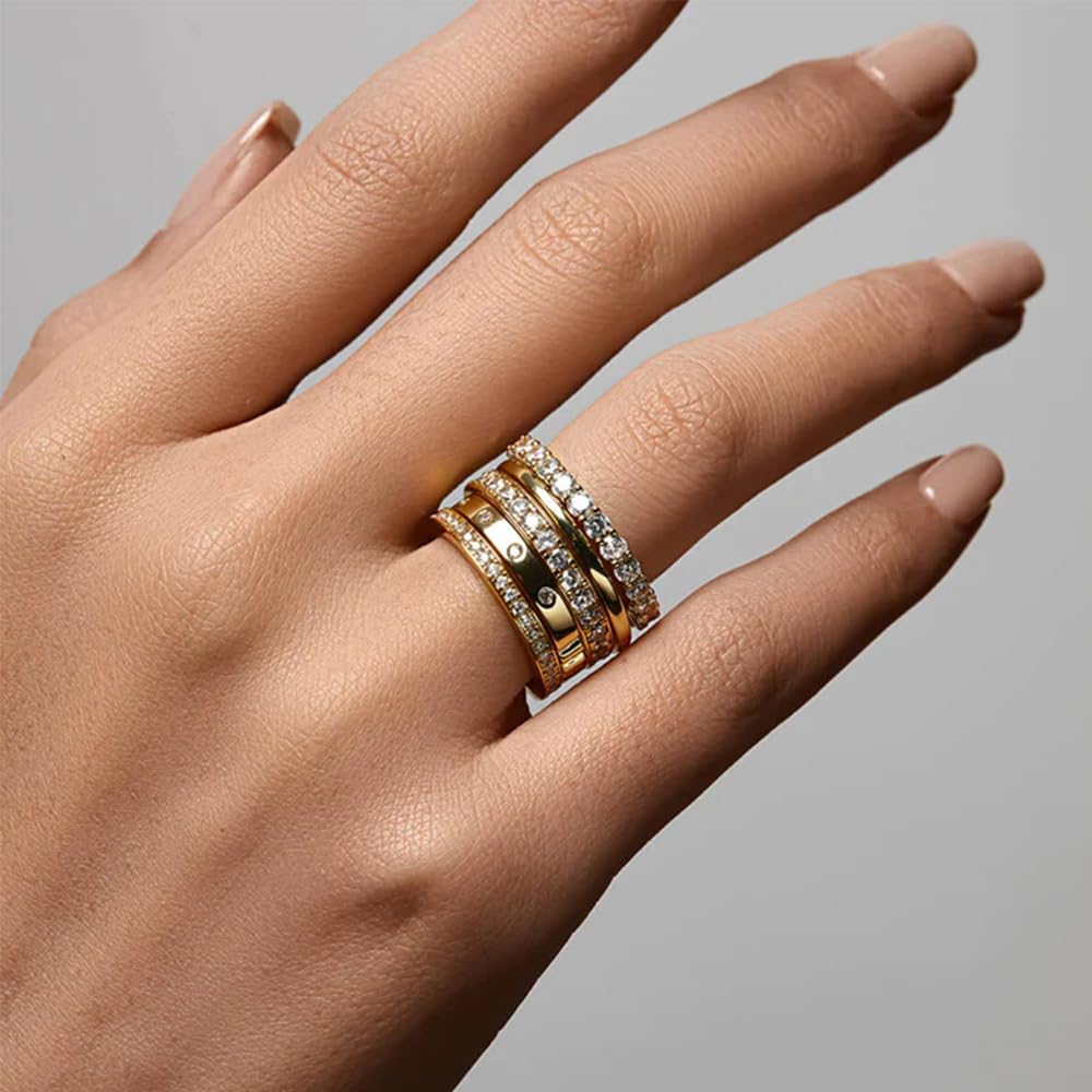 FAXHION Gold Rings for Women Non Tarnish, 14k Gold Plated Dainty Stacking Cubic Zirconia Thumb Rings, Gold Knuckle Women Rings Set Jewelry Size (8)