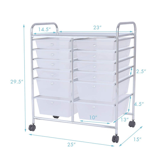Moccha 12-Drawer Rolling Storage Cart - Under Desk Storage Drawers with wheels for Craft Art Supply Paper Salon, Scrapbook Paper Tools, Mobile Utility Cart for Classroom, Clear