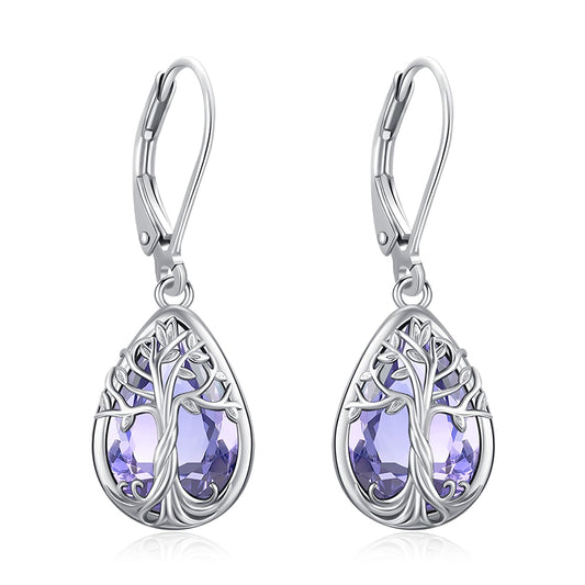 Eusense Tree of Life Earrings 925 Sterling Silver Drop Dangle Earrings with Alexandrite Purple June Birthstone Leverback Tree of Life Jewelry Gift for Women