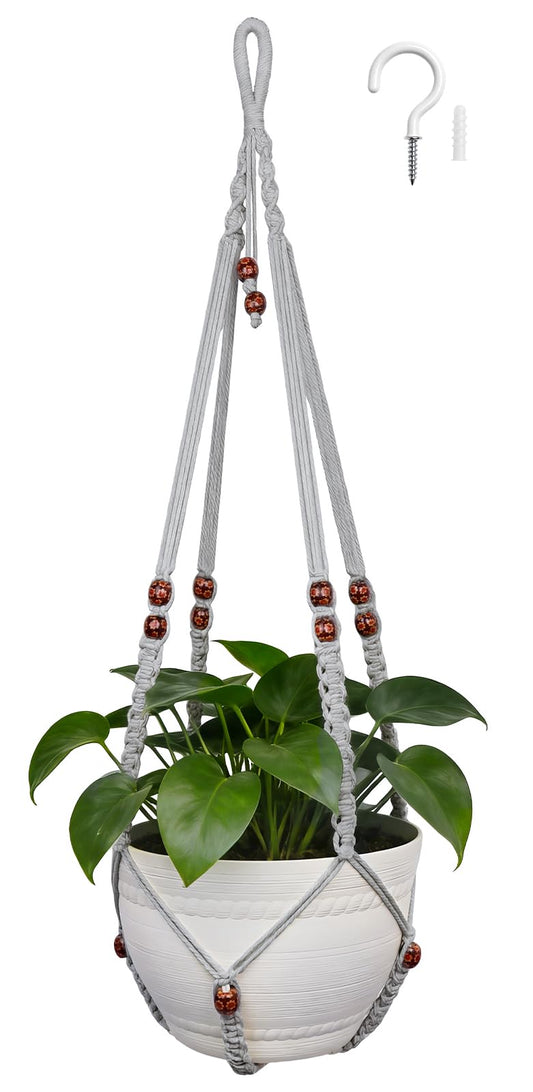 HOREAKHJ 35 Inch Macrame Plant Hanger, Large for up to 15 Inch Pot Extra Long Hanging Planter Holder Basket with Wood Beads for Indoor Outdoor Home Decor (Grey, 1-Pack)